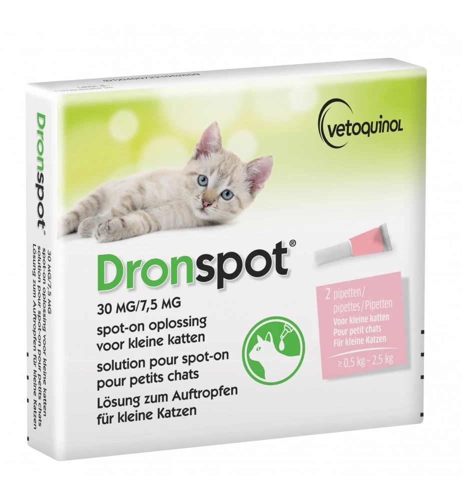 Vetoquinol Dronspot Kleine Kat 30 Mg / 7.5 Mg - 0.5 Kg T/m 2.5 Kg - 2 Pipetten 1 Vetoquinol Dronspot Kleine Kat 30 Mg / 7.5 Mg - 0.5 Kg T/m 2.5 Kg - 2 Pipetten