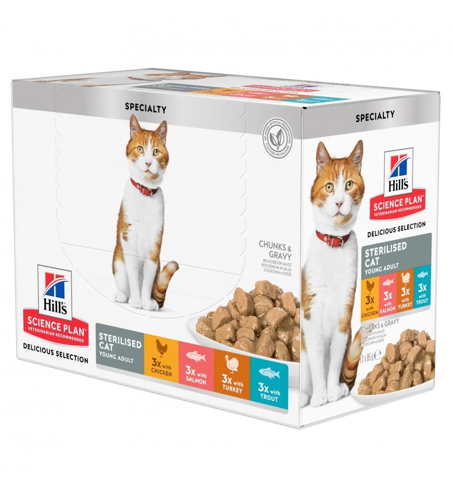 Hill's SP Adult Sterilised Cat Multipack Kip / Zalm / Kalkoen / Forel - 4 X 12 X 85 Gram 1 Hill's SP Adult Sterilised Cat Multipack Kip / Zalm / Kalkoen / Forel - 4 X 12 X 85 Gram