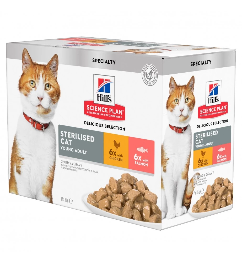 Hill's SP Young Adult Sterilised Cat Multipack Kip / Zalm - 4 X 12 X 85 Gram 1 Hill's SP Young Adult Sterilised Cat Multipack Kip / Zalm - 4 X 12 X 85 Gram